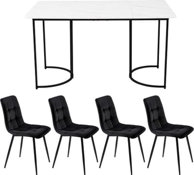 Gotagee Eetset (5-delig) Eettafel met 4 stoelen set Zwart Fluweel Eetkamerstoelen Keukentafelset met Zwarte metalen poten MDF tafelblad in wit