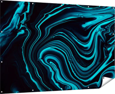 Gards Tuinposter Abstracte Kunst - Aqua Blauw met Zwart - 180x120 cm - Tuindoek - Tuindecoratie - Wanddecoratie buiten - Tuinschilderij