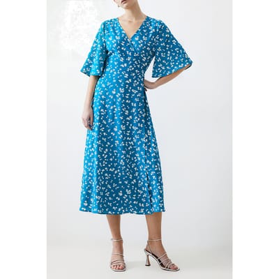 French Connection Bonita Wrap Angel Dress Long Peacock/white Size: 6 | Midi Dresses Outlet | Dames | Blauw