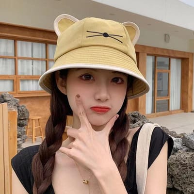 Chapeaux seau mignons pour femmes et filles Casquette à oreilles de chat de dessin animé Chapeau de soleil d'été pour la plage Chapeau de pêcheur à large bord Casquette visière solaire réglable brown