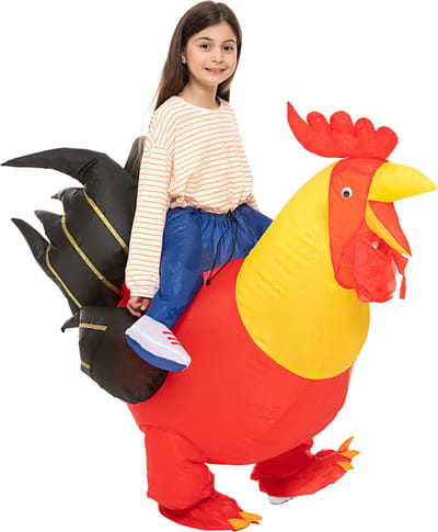 KIMU® Opblaas Kostuum Kinderen Zittend op Haan Rood Geel - Maat 122 128 134 140 146 152 - Opblaasbaar Pak - Hanenpak Mascotte Opblaaspak - Opblaasbare Kip Festival