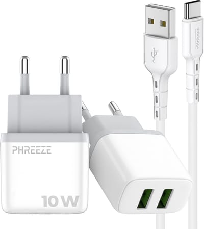Phreeze usb adapter 12w - Usb A naar usb C kabel 1 meter - Dubbele usb poort oplader voor telefoon en tablet