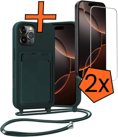 Hoesje Geschikt voor iPhone 16 Pro Hoesje Met Telefoonketting Pasjeshouder Case Met 2x Screenprotector Koord - Hoesje Geschikt voor iPhone 16 Pro Hoes Met Kaarthouder - Donkergroen