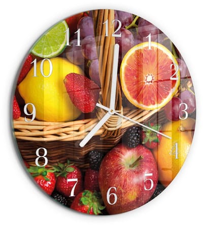 Tulup Wandklok - Fruit Moderne Wandklok Glas - 30fi cm - Veelkleurig Wandklok Glas Decoratie - Witte Handen - Ronde Wandklok - Glazen Wandklok Design - Klok Glas Met Opdruk