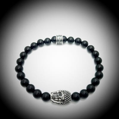 Natuursteen Armband met 925 Sterling Zilver Skull / Buddha / Boedha Bedel van 13 gram Zilver , Handgemaakte Edelsteen Armband met 8mm (Blinkend Onyx) kralen .