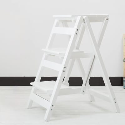Houten Opstap Stoel - Ladderkruk Opvouwbaar - Huishoudelijke Klusjes - Opvouwbaar en Draagbaar - 3 Treden - Wit