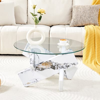 MODFU Ronde Salontafel - Kruisvormige Onderbouw - Modern - Voor Woonkamer - MDF En Glas - Transparant Wit - 79 x 45 cm