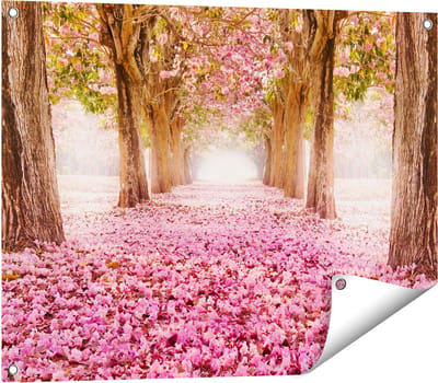 Gards Tuinposter Romantische Bomen Tunnel met Roze Anjers - 80x60 cm - Tuindoek - Tuindecoratie - Wanddecoratie buiten - Tuinschilderij