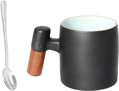 Set van 6 zwarte espresso kopjes van keramiek met houten handvat, 70 ml, inclusief roestvrijstalen lepel voor koffie, latte en thee