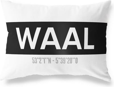 Tuinkussen WAAL - ZUID-HOLLAND met coördinaten - Buitenkussen - Bootkussen - Weerbestendig - Jouw Plaats - Studio216 - Modern - Zwart-Wit - 50x30cm