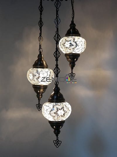 Turkse Lamp - Hanglamp Mozaïek - Kroonluchter Wit - 3 Bollen - Handgemaakt en Authentiek