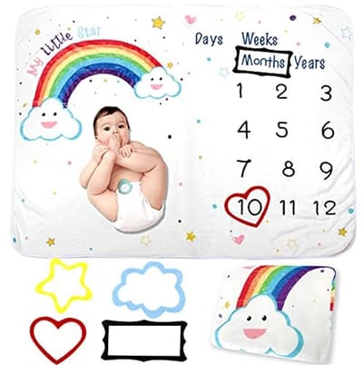 Maandelijkse mijlpaal baby deken met fotolijsten – Zachte fleece dekens voor jongens en meisjes 130 x 100 cm