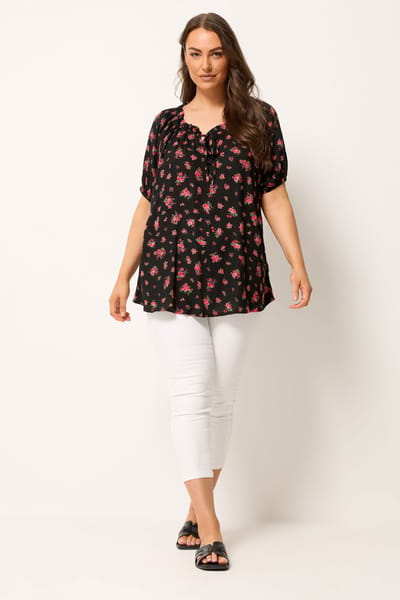 Yours Zwarte Bardottop Met Bloemenprint Size 42