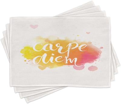 ABAKUHAUS Geel-witte onderzetters, aquarellook met Carpe Diem – Grijp de dag, geniet van het moment; Tiscjdeco uit kleurvaste stoffen voor eetkamer en keuken, Goudsbloem geel-roze