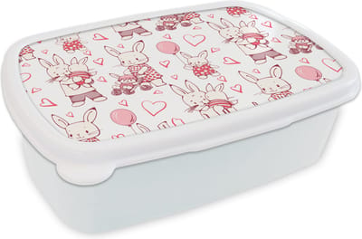 Broodtrommel Wit - Lunchbox - Brooddoos - Konijnen - Liefde - Patronen - 18x12x6 cm - Volwassenen