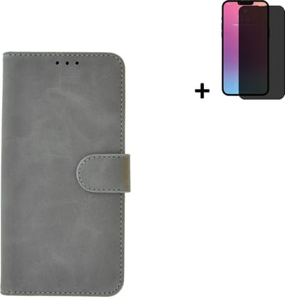Hoesje Geschikt voor iPhone 13 Mini + Screenprotector iPhone 13 Mini - iPhone 13 Mini Hoes Wallet Bookcase Grijs + Privacy Tempered Glass