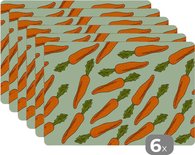 Placemat - Placemats kunststof - Vintage - Wortel - Patronen - Groente - 45x30 cm - 6 stuks - Hittebestendig - Anti-Slip - Onderlegger - Afneembaar