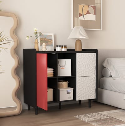 MEUNIQ dressoir 90 x 40 x 80 cm met 2 lades, 2 open vakken en 2 deuren, buffetkast en opbergkast voor keuken, eetkamer, woonkamer of werkkamer, zwart en rood