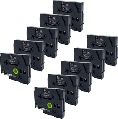 DULA Brother Compatible label tape- Tze-325 - 10 cassettes - Brother P-Touch - Wit op zwart - 9mm x 8m