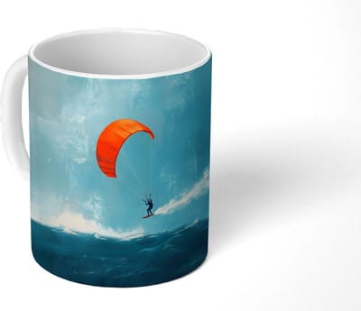 Mok - Koffiemok - Kitesurfer - Oranje - Zee - Lucht - Mokken - 350 ML - Beker - Koffiemokken - Theemok