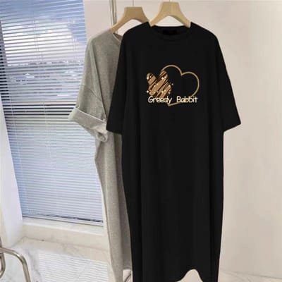 Katoenen Korte Mouw Lange Jurk Losse Grote Maat Knie T-shirt Rok Casual Medium en Lange Jurk Dames XL gray