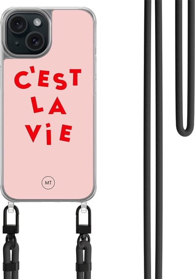 Hoesje met koord geschikt voor iPhone 13 - C'est la vie - Inclusief zwart koord - Crossbody beschermhoes - Transparant, Roze - Mooie Telefoonhoesjes