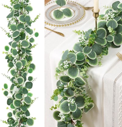 1 stuk 1,8 m kunstslingers, eucalyptus met groene bladeren, witte bloemen, slinger, kunstplant, hangplant voor achtergrond, bruiloft, decoratie, tafelloper, middenstuk
