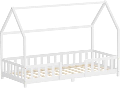 Kinderbed Huisbed 90x200 cm van grenenhout Wit met beschermdak en lattenbodem Houten bed ML-Design