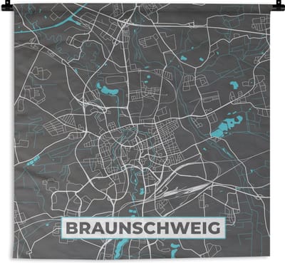 Wandkleed - Wanddoek - Duitsland – Blauw – Braunschweig – Stadskaart – Kaart – Plattegrond - 180x180 cm - Wandtapijt