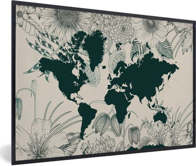 Poster in lijst - Fotolijst 90x60 cm - Posters - Wereldkaart - Bloemen - Planten - Posterlijst zwart - Decoratie - Wanddecoratie woonkamer - Muurdecoratie slaapkamer