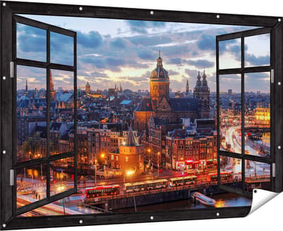 Gards Tuinposter Doorkijk Amsterdam Centrum Luchtfoto Zonsondergang - 180x120 cm - Tuindoek - Tuindecoratie - Wanddecoratie buiten - Tuinschilderij