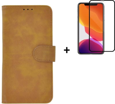 Hoesje Geschikt voor iPhone 11 Pro Max + Screenprotector iPhone 11 Pro Max - iPhone 11 Pro Max Hoes Wallet Bookcase Bruin + Full Tempered Glass