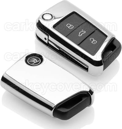 Autosleutel Hoesje geschikt voor Skoda - SleutelCover - TPU Autosleutel Cover - Sleutelhoesje Chrome / Hoogglans Zilver