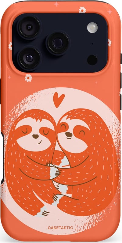 Casetastic hoesje geschikt voor Apple iPhone 17 Pro - MagSafe - Dubbellaagse bescherming - Oranje Pastel Roze Liefdes Koppel Luiaard - Fashion Case - Terracotta Zand