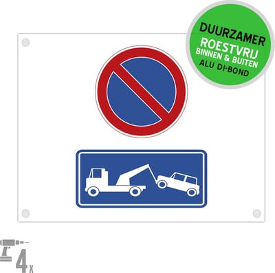 Pictogram/ bord Dibond + boorgaten | Parkeerverbod/ wegsleepregeling | 40 x 30 cm | Wit | Roestvrij | Parkeer overlast | Hier niet parkeren | Duurzaam | Ophangen | 1 stuk