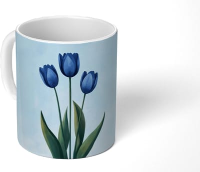 Mok - Koffiemok - Tulpen - Blauw - Bladeren - Mokken - 350 ML - Beker - Koffiemokken - Theemok