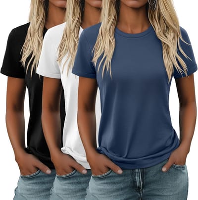 3-Pack Katoenen T-Shirts voor Dames, Casual Tuniek Tops met Korte Mouwen, Ronde Hals, Basis Zomer T-Shirts