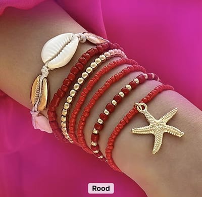 12Getit Enkelbandje - Armbandje met rode kralen schelpen en zeester
