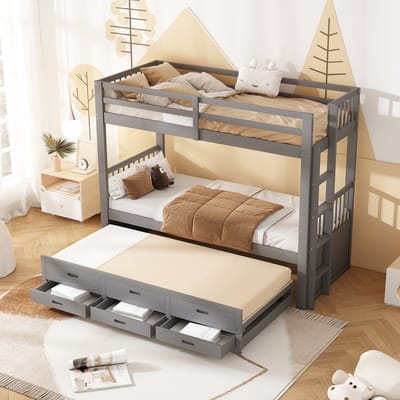 HAUSS SPOLE Stapelbed 90x200 cm - Hoogslaper Met Uittrekbaar Bed En 3 Laden - Praktisch Kinderbed Voor Ruimtebesparing - Grenenhout - Grijs