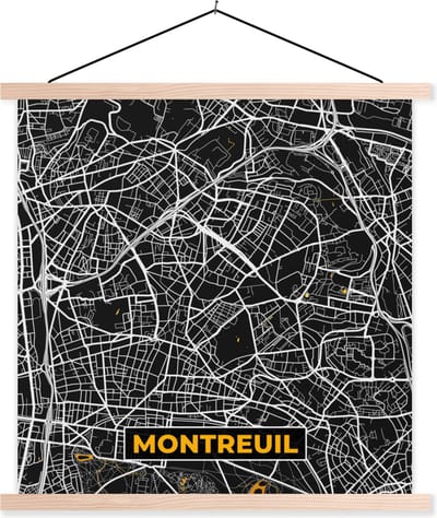 Posterhanger incl. Poster 40x40 cm - Schoolplaat - Kaart – Plattegrond – Frankrijk – Montreuil - Stadskaart - Textielposter - Blanke latten - Stadskaart