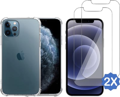 Geschikt voor iPhone 12 / 12 Pro - Hoesje + 2x Screenprotector – Gehard Glas Cover + Shock Proof Case – Transparant