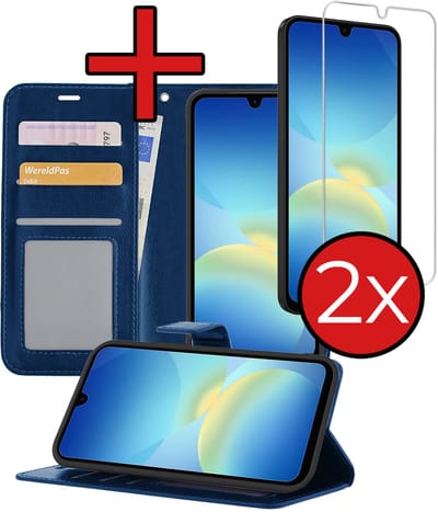 Hoesje - Met 2x Screenprotector - Geschikt voor Samsung Galaxy A26 - Luxe Pasjeshouder - Flip Case - Bookcase Portemonee - Kunstleer Book Case - Flipcase Hoes - Book Cover - Walletcase - Portemonneehoes - Telefoonhoes - Donkerblauw