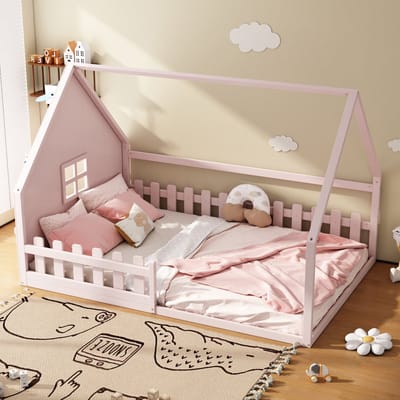 DESMIU Huisbed 140 x 200 cm – Kinderbed Met Veiligheidshekje – Speelse Slaapplaats Met Slimme Toegang – Voor Kinderkamer – Dennenhout En MDF – Roze Zonder matras