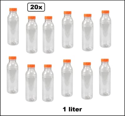 20x Flesje PET 1 liter met oranje dop - 1000cc - Sap water gerecyclede drink fles vruchten limonade drank festival uitdeel party