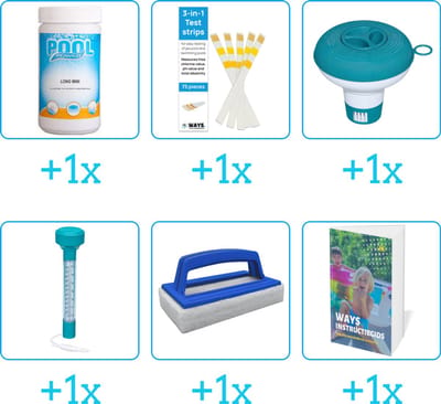 Zwembad Onderhoudspakket - Onderhoud Zwembad - bevat Chloor - Testrips - Chloordrijver - Thermometer - Scrubborstel en Zwembadgids (6-delig)