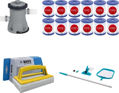 WAYS - Zwembad Onderhoud - Onderhoudsset & Filterpomp 1249 L/h & 12 Filters Type I & WAYS Scrubborstel