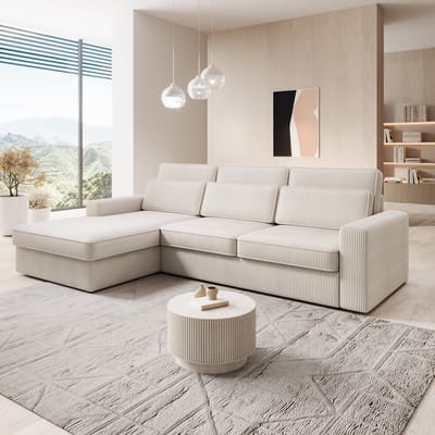 Meubella - Montore - Hoekbank 3-zits - Ribstof beige - Links