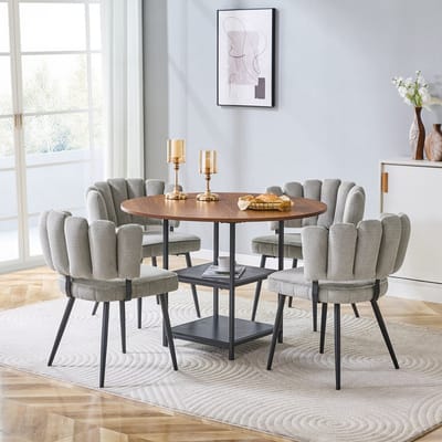 Eetkamerset - Ø107 cm - ronde walnootlook tafel 2-laags opbergruimte + 4 grijze bloemrug stoelen - klein appartement - MDF+stof - grijs