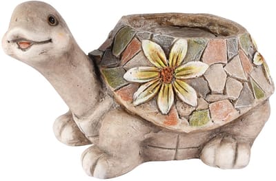Dekoratief | Bloempot schildpad m/bloemen, grijs, magnesium, 36x25x21cm | A260532