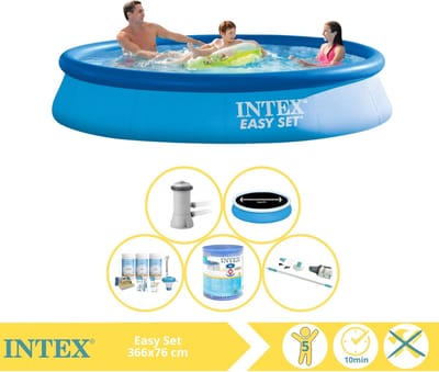 Intex Rond Opblaasbaar Easy Set Zwembad - 366 x 76 cm - Blauw - Inclusief Pomp - Solarzeil - Onderhoudspakket - Filter - Stofzuiger - 6-delig